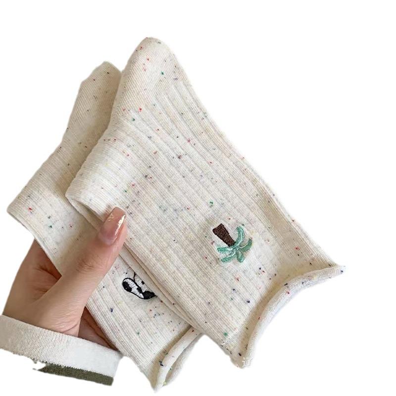 "24 Pairs Women's Cotton Socks: Autumn/Winter, Colorful Dots, Cartoon Embroidery, Korean Style, Slouchy, Versatile Small White Socks".