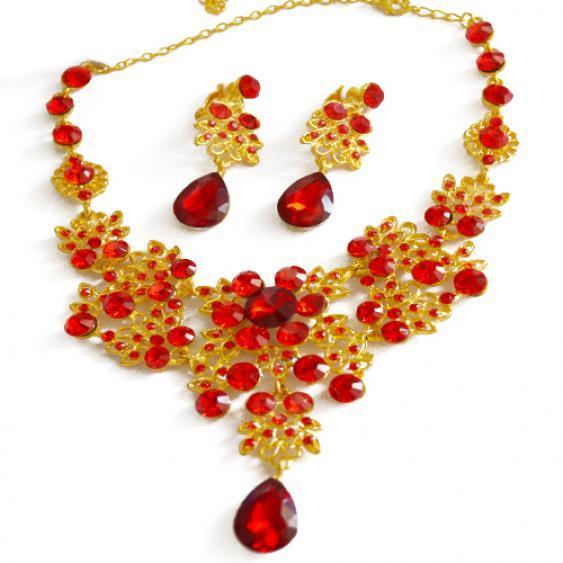 Party Red Color Golden Alloy Bridal Wedding Pendant Necklace Earrings Set