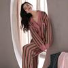 Striped Coral Velvet Pajamas Women Winter Thermal Half Velvet Nightclothes Two-Piece Female Fleece-lined Thicken Loungewear Suit