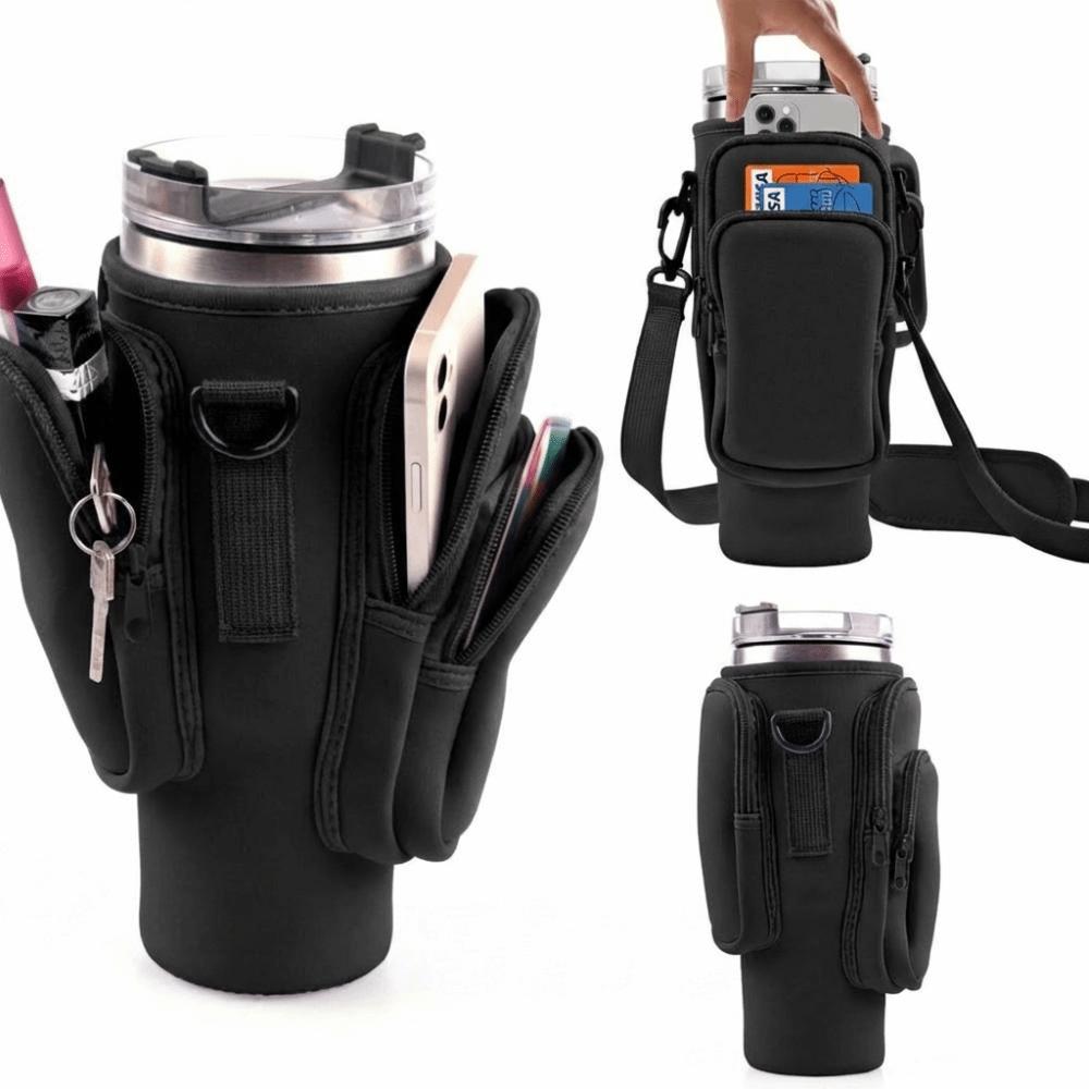 

3 Pockets Water Bottle Holder Pouch With Phone Pocket with Keychain & Mountaineering Button Water Cup Bags Adjustable Strap чёрный