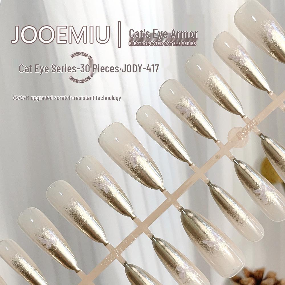 

Pre-made Airbrushed Cat Eye Black Butterfly Long Pointed Nail Tips with Golden Feather Design - 30 Pieces