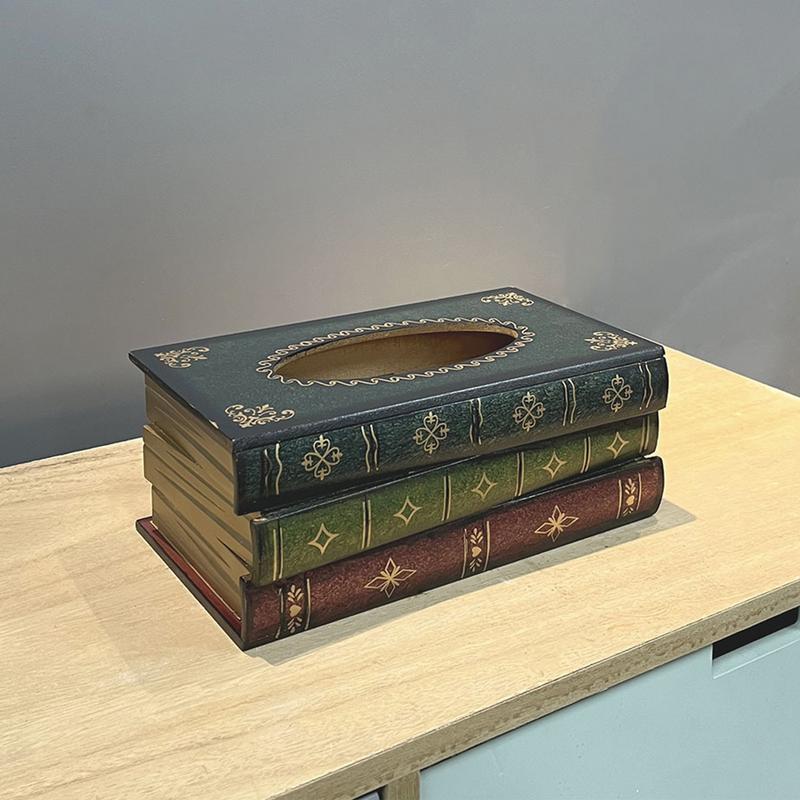 Retro Wood Book Shape Tissue Box Rectangle Napkin Paper Holder Storage Case Tissue Holder Container Home Living Room Decoration