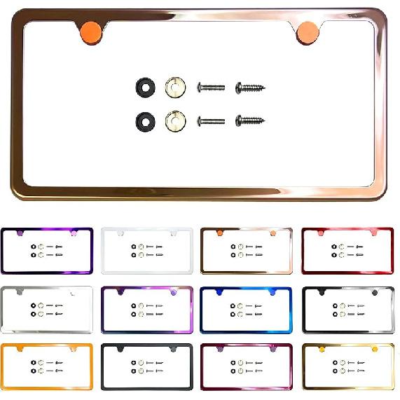Two Holes Slim License Plate Frame Neo Chrome Aurora Electroplating Burnt Titanium Mirror Chrome Universal Fit Anti Rust Metal Screw On Cap Cover,