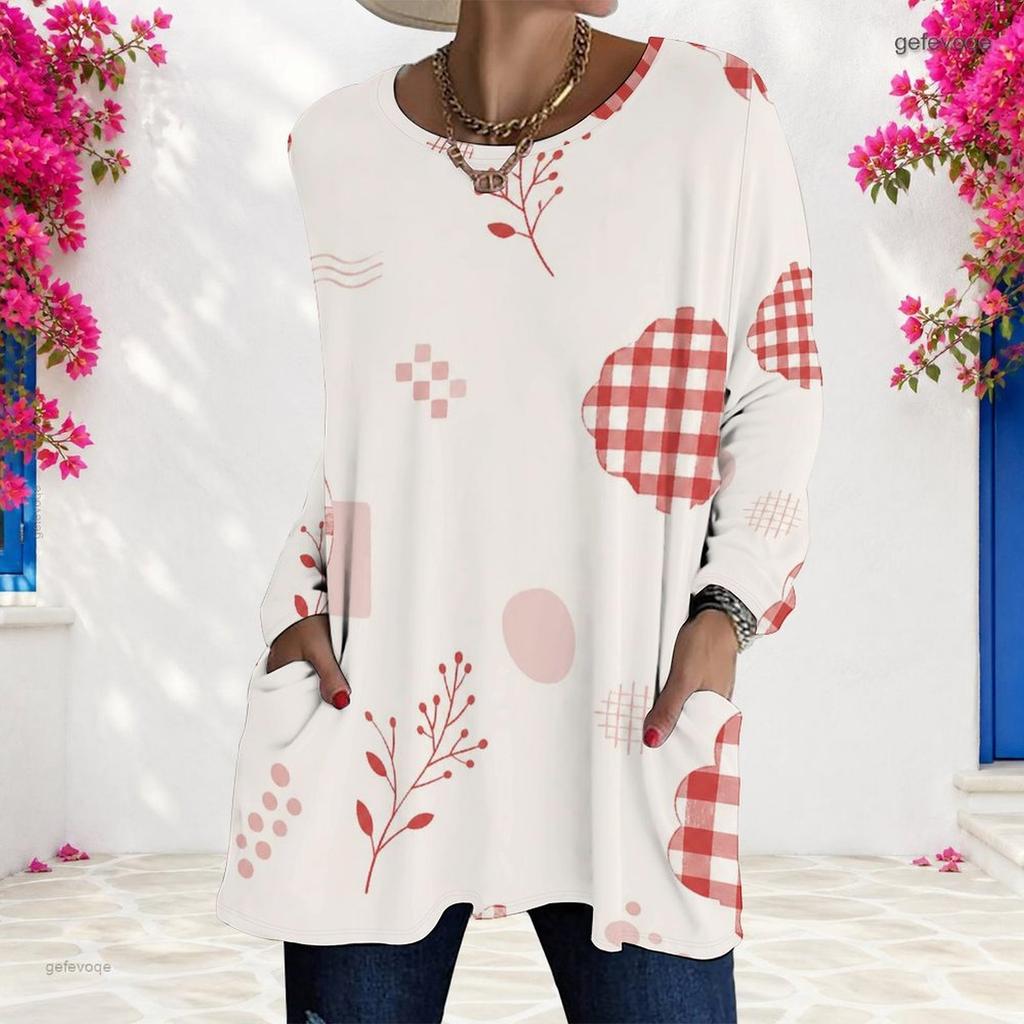 Women Plus Size Round Neck Long Sleeve Floral Plaid Printed Loose T Shirt With Pockets