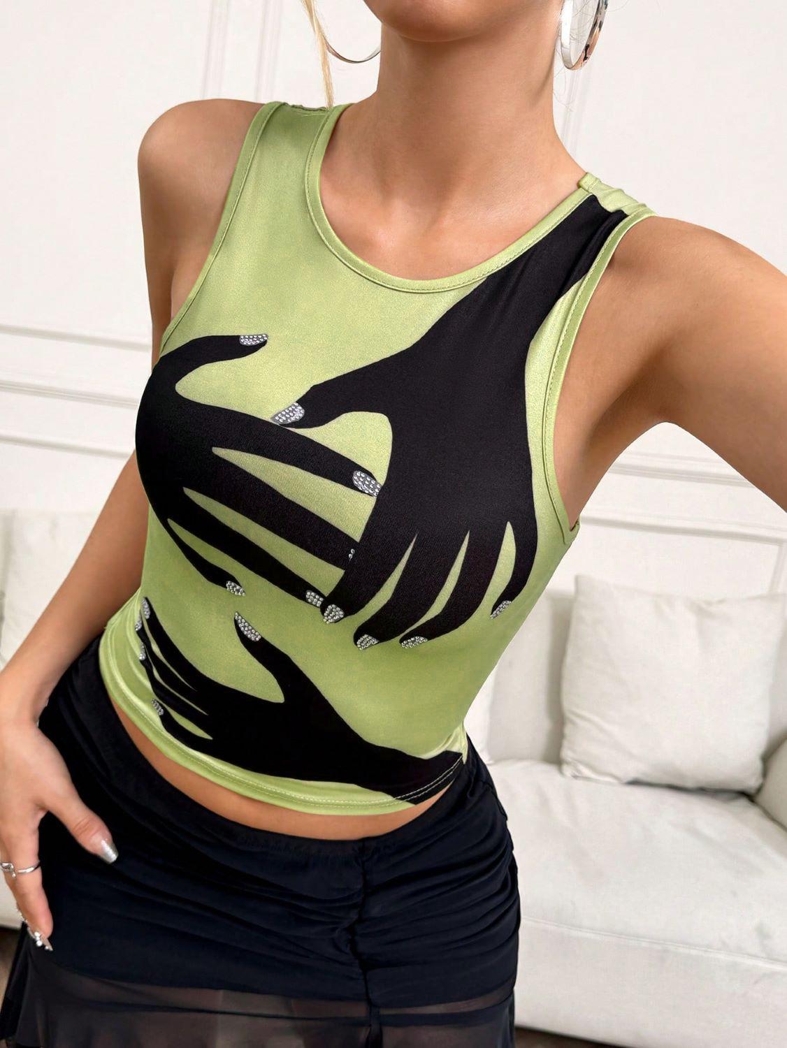 

European-American Summer Women s Sleeveless Print Round Neck Slim Fit Vest for Seaside Vacations S світло-зелений колір