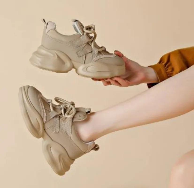 Fashion 8CM New Genuine Leather Women Summer Hollow Air Mesh Platform Wedge Chunky Sneakers Autumn Spring Fashion Lace-up Casual Shoes