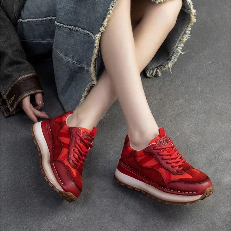 Johnature Genuine Leather Sneakers Casual Sports Shoes Round Toe Lacd-up Retro Versatile Women's Flat Shoes
