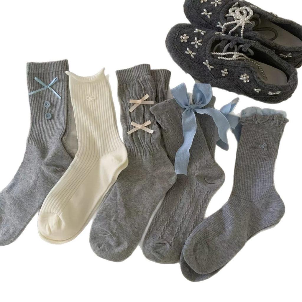 Bow Socks Women'S Mid-Tube Socks Spring And Autumn Cotton Socks Girl Cute White Ballet Style Spring Stockings