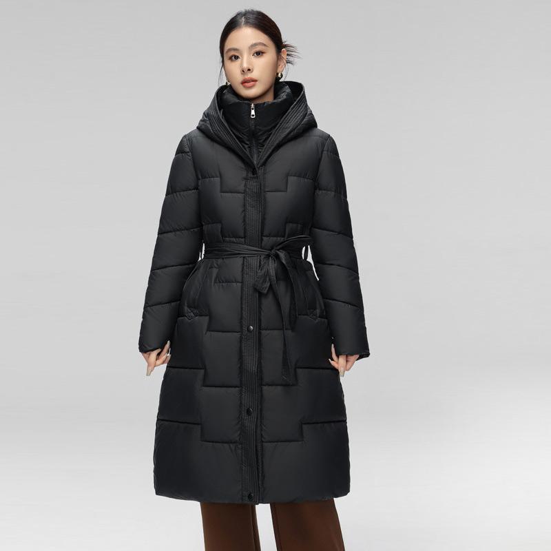 Winter Damen Lange Entendaunen Baumwolljacke mit Gürtel Dicker warmer Luxus Schlanker Parkamantel mit Kapuze