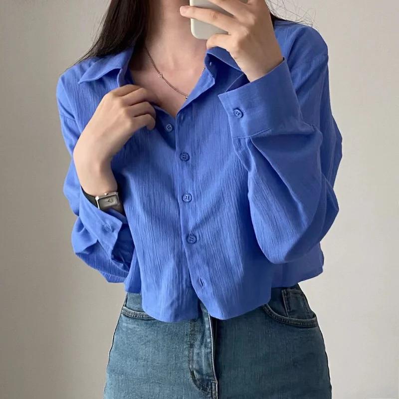 

Chiffon Shirt Back Strap Short Shirt Top Korean Chic Design Long-sleeved Sunsn S синій