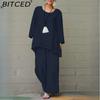 BITCED Women's Solid Vintage Pants Set Cotton Linen Casual Long Sleeve Loose Cotton Set