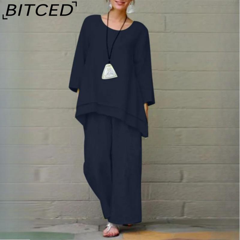 BITCED Women's Solid Vintage Pants Set Cotton Linen Casual Long Sleeve Loose Cotton Set