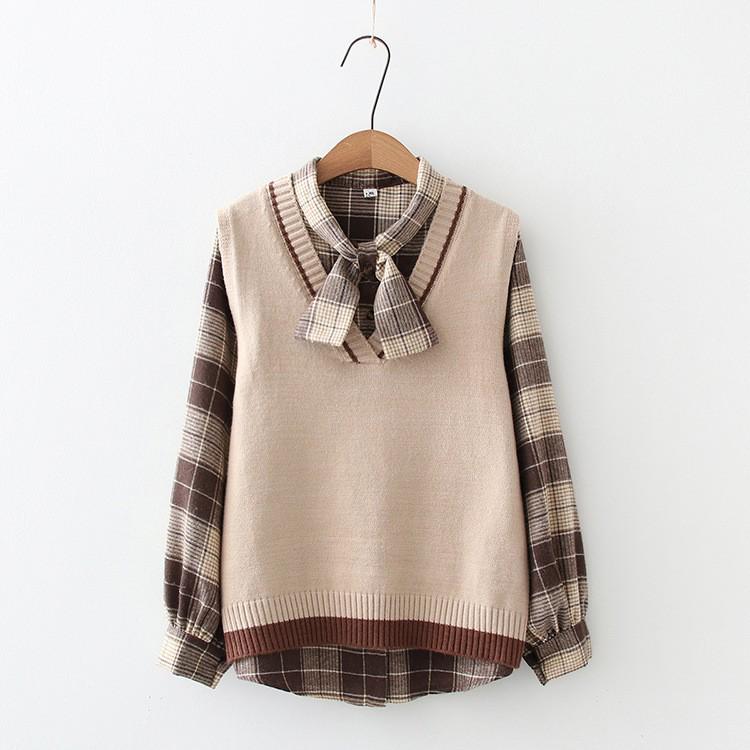 Women's Retro V-Neck Sweater Vest & Plaid Shirt Two-Piece Set - Autumn Winter Color Block Knit Cardigan Japanese Style Fashion