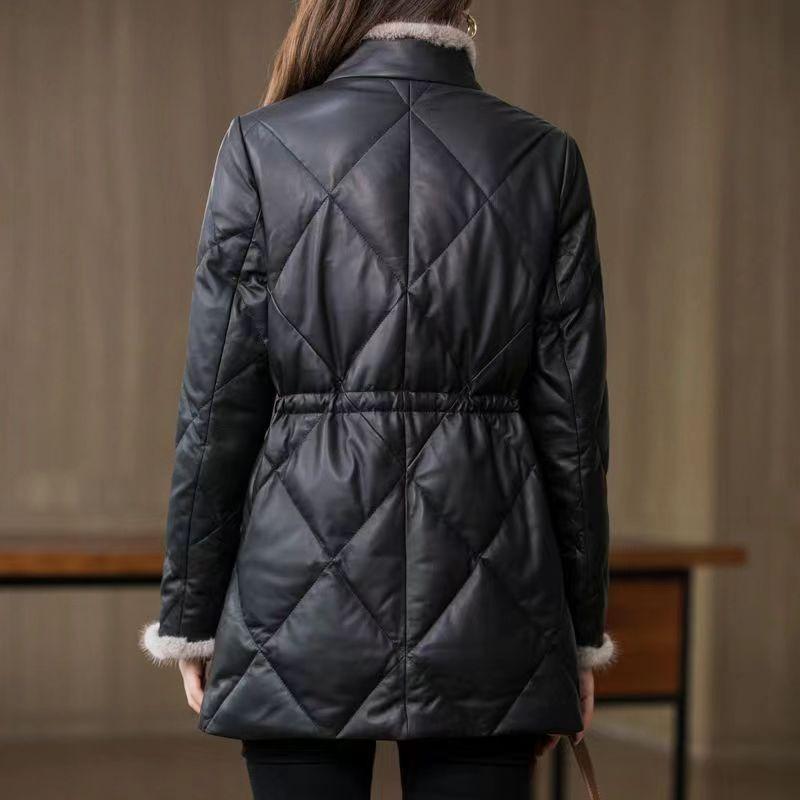 Women Winter Medium Long Stitching Leather Coat Stand-up Imitation Mink Fur Collar Cotton-Padded Jacket Temperament Warm Overcoat