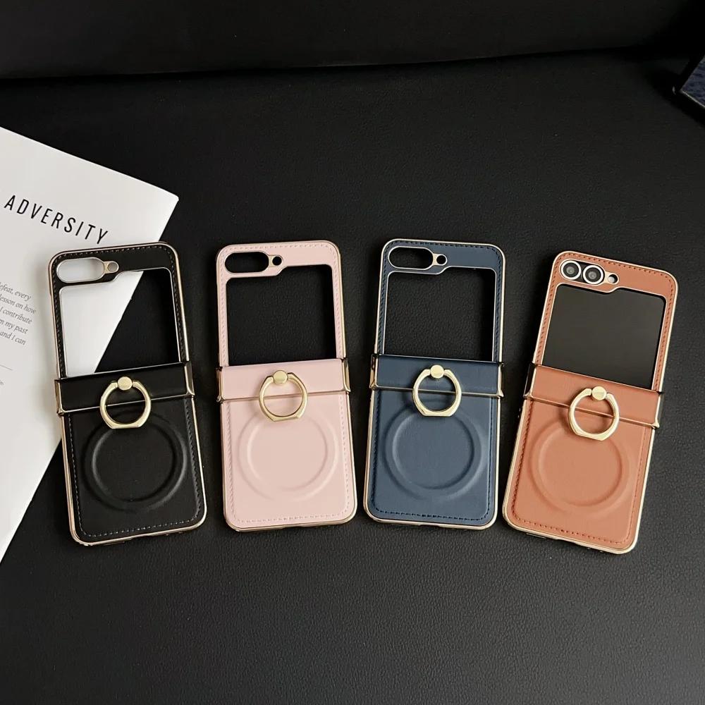 Custodia Magnetica con Supporto ad Anello in Pelle di Lusso per Galaxy Z Flip7 Flip 7 6 5 4 3 Copertura Protettiva per Cerniera con Supporto per Samsung Zflip7FE