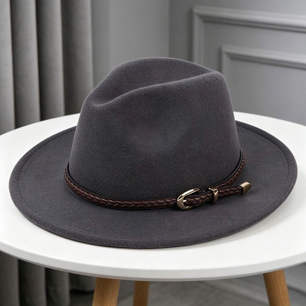 Fashion Vintage Felt Fedora Hats With Belt Buckle Soft Jazz Hat Simple Elegant Cowboy Cap Autumn Winter