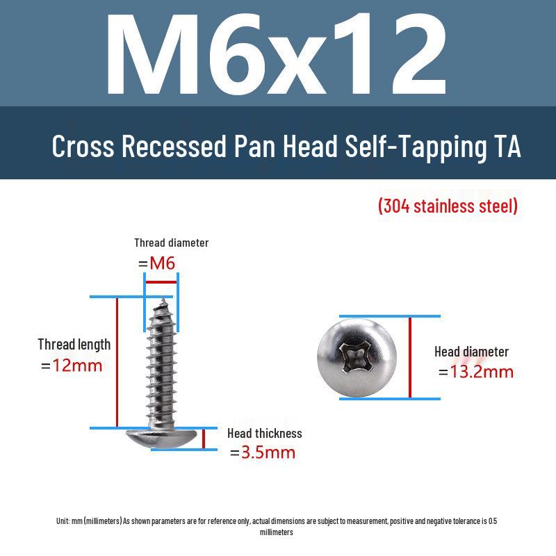 304 Stainless Steel Large Flat Head Self-Tapping Screws, TA Umbrella Head, Pointed Tail, M2-