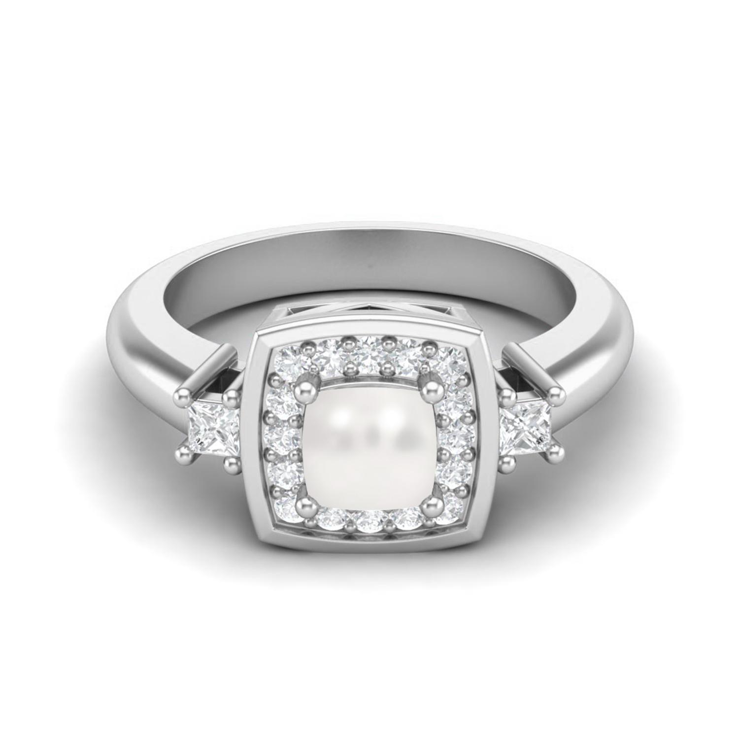 

5 MM Cushion Natural Pearl 925 Sterling Silver Side Stone Women Wedding Bridal Ring 8 белый