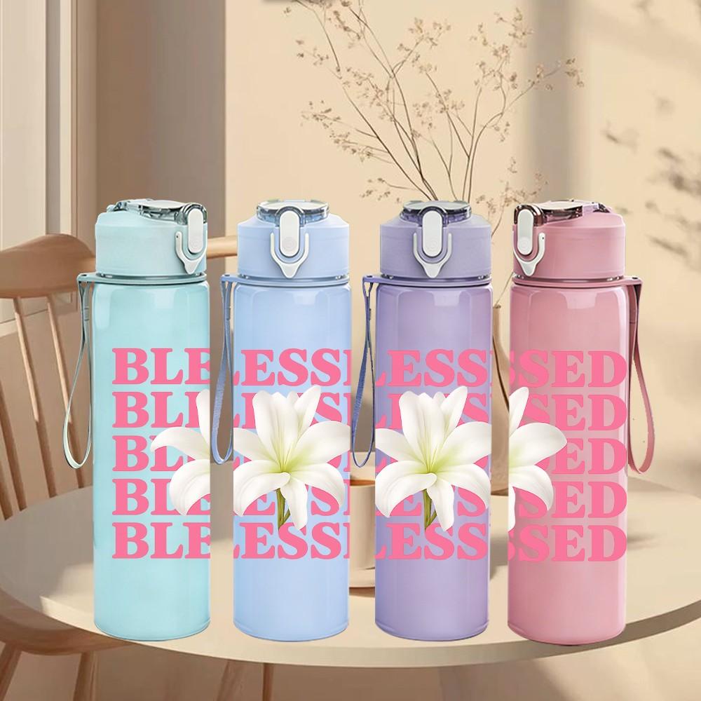 1PC Repeated Blessed Pink Letter Art 750ml Color Plastic Sports Water Bottle Leakproof Flip Straw Lid Suitable for Sports Office Home Use