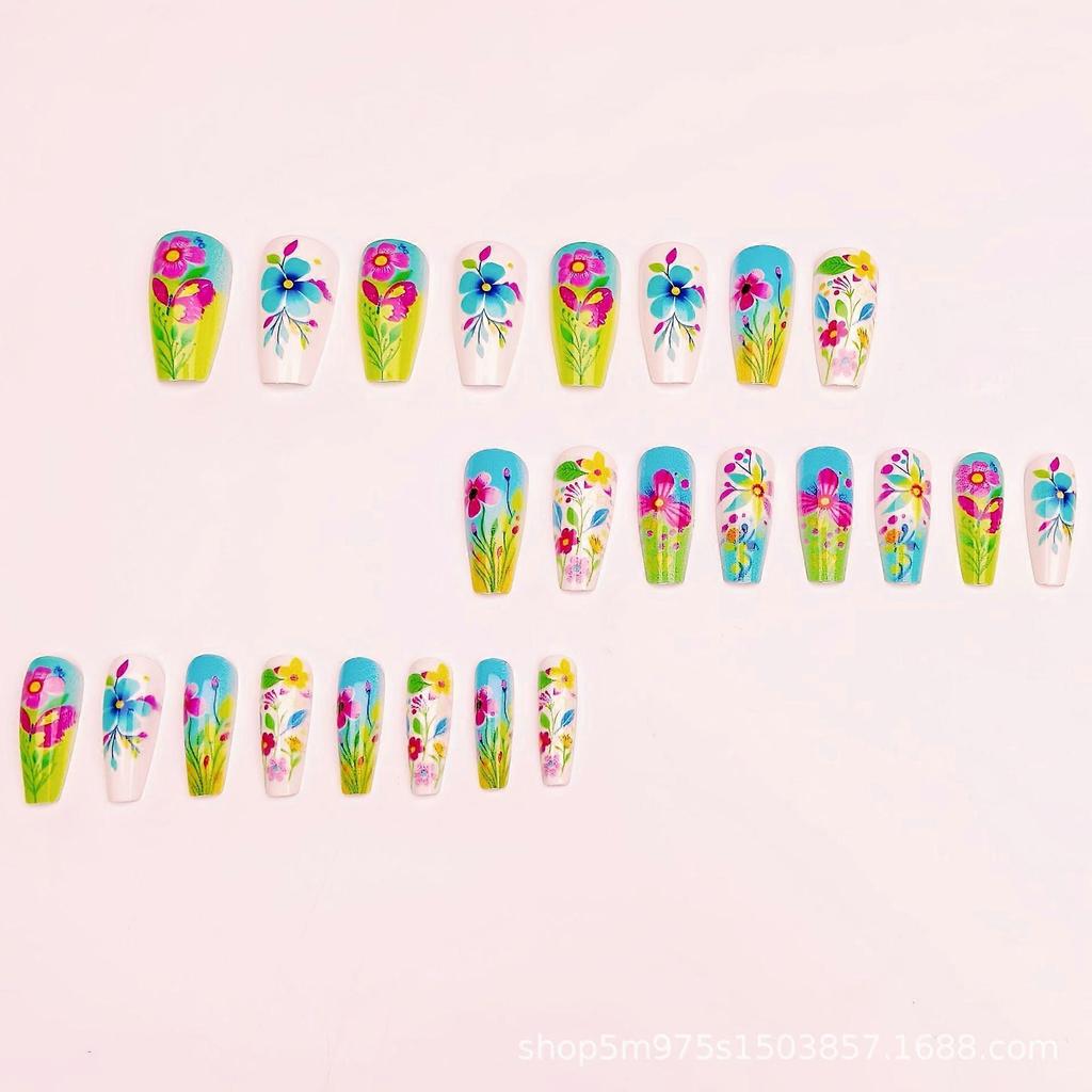 Medium-length Almond-shaped Nail Art Spring and Summer Fashion Nail Art Colorful Flower Gradient Stripe Nail Art Patches Multi-color