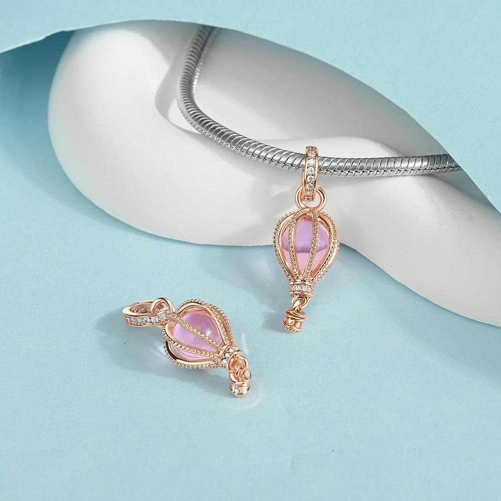 Modischer Kupferblau-Rosa Heißluftballon Anhänger Dangle Charm Passend für Markenarmband Funkelnder Schmuck
