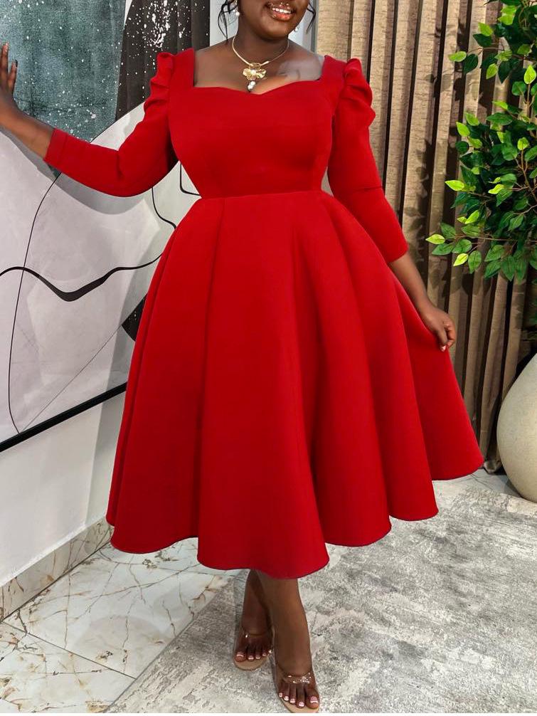 D3354 Autumn/Winter Women's Square Neck High Waist Evening Gown - Solid Color African Dress
