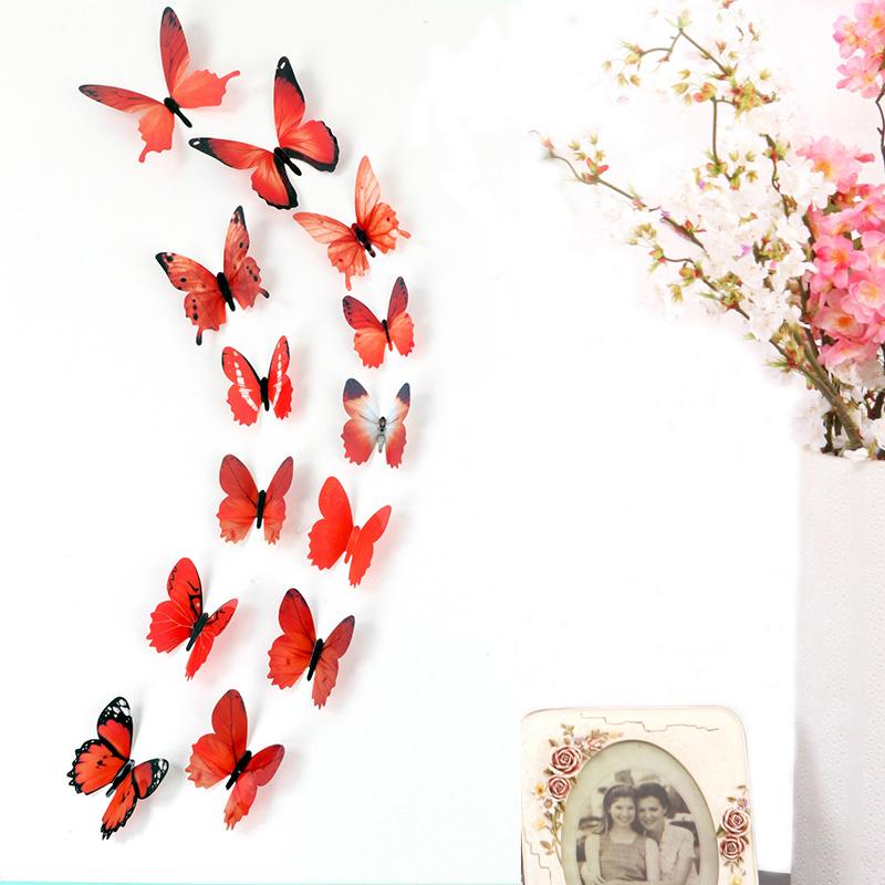 

12Pcs Butterflies Wall Stickers New Year Gift Home Decorations 3D Butterfly PVC Self Adhesive Wallpaper For Living Room Decals красный