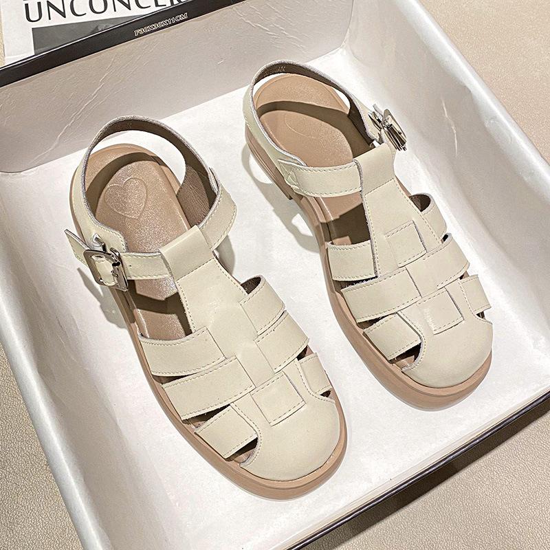 Мода 2024 Римские гладиаторские сандалии Женские вязаные кожаные туфли на низком толстом — фото 3