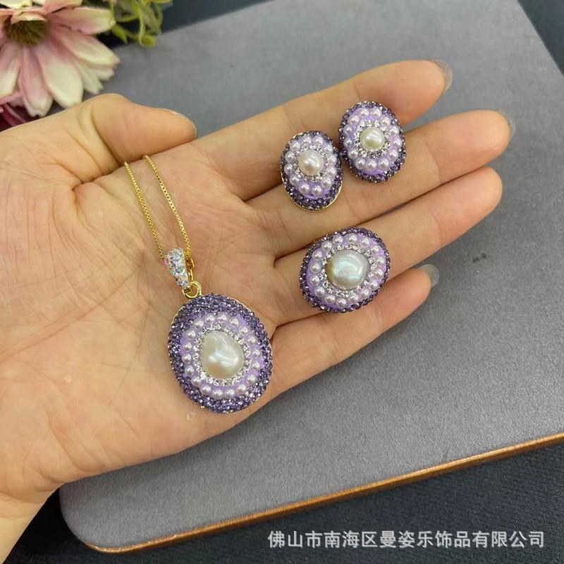 Purple Violet Czech Crystal Baroque Pearl Set Women Earrings Necklace Bracelet Trio