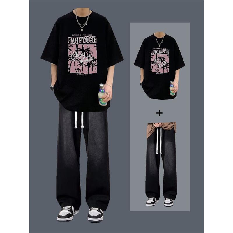 Men's Short-Sleeve T-Shirt and Jeans Set: Trendy Summer Casual Two-Piece Outfit