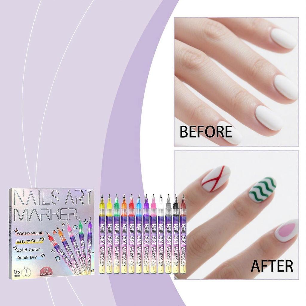 Fine Tips 3D Nail Art Pens, 12 Colors 0.5MM Nail Polish Pens Nail Point Graffiti Dotting Pen Drawing Painting Liner Brush for Home Salon