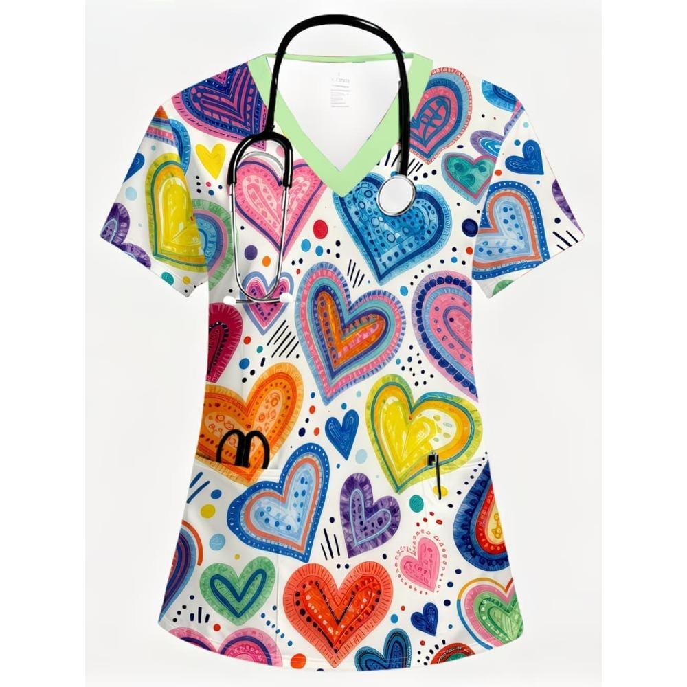 Nursing Uniform Woman Comfortable Dentist Vet V-Neck Short Sleeve Women Scrub Fashion Heart Pattern Print Clinical Uniform Woman