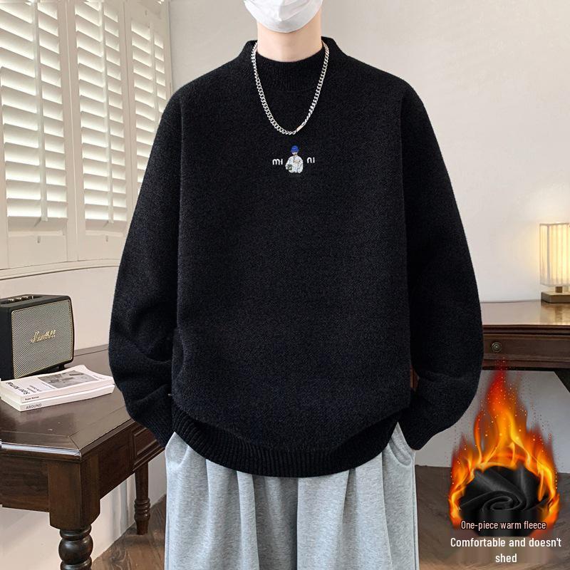 KM1023 Winter Plus Velvet High Neck Embroidered Men's Sweater - Thickened Base Layer Knitwear.