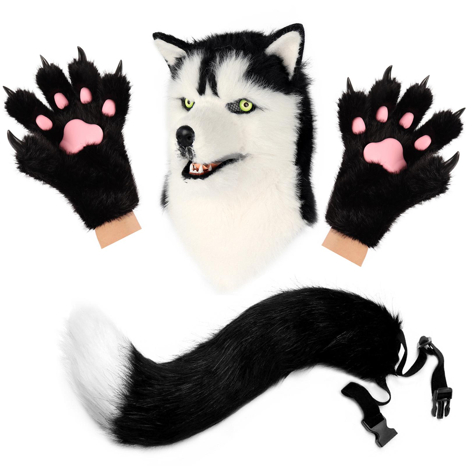 

Animal Dog Head Mask Realistic Furry Plush Tail Claw Gloves Full Wolf Masks For Halloween Party Carnival Cosplay
