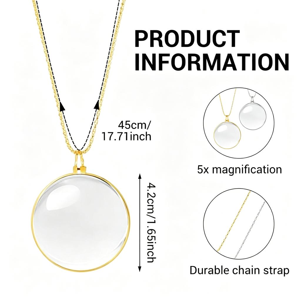 5X Magnifying Glass Necklace Magnifier Pendant Optical Lens Magnifier with 45cm Chain Necklace Neckglasses Monocle Magnifier