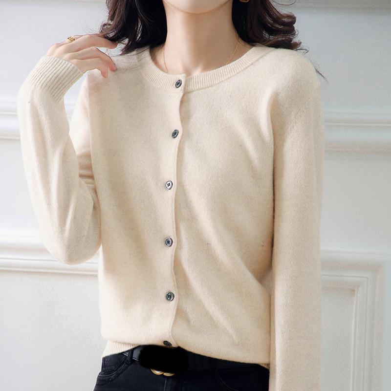 Women Single Breasted Chic Cardigan Fashion Solid Color Long Sleeve Round Neck Autumn Winter Sweater Casual Office Lady Jumpers