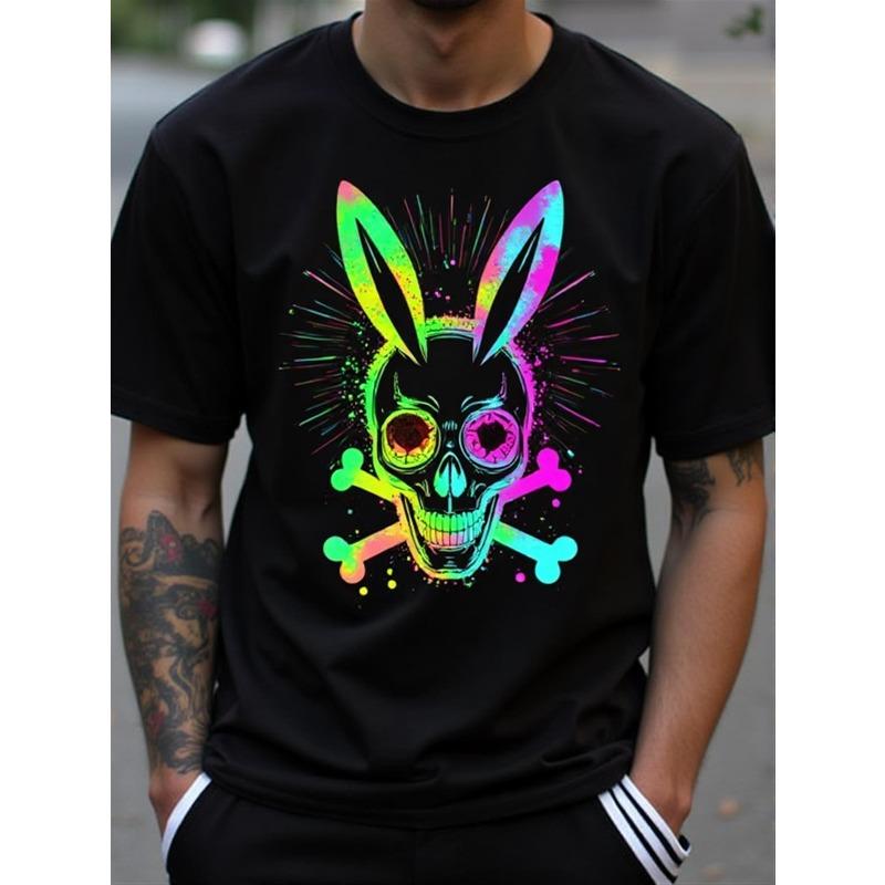 

Men S Cotton T-Shirt with Black Glossy Edgy Gothic Rabbit & Skull Print - Round Neck Casual Wear for All Seasons, Machine Washable Soft Breathable S чёрный