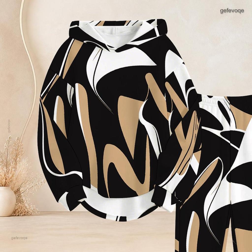Women Plus Size Printed Two Piece Set Long Sleeve Hooded Top Cuffed Pants