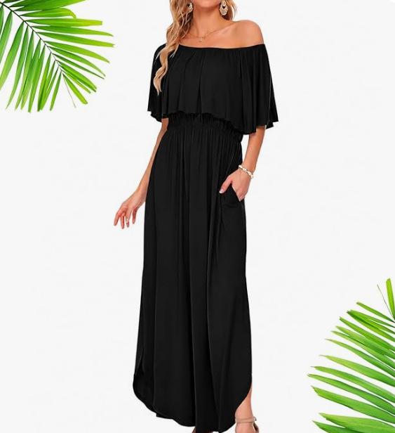 European and American summer new printed one-word shoulder short-sleeved long dress