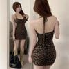 Neck sling Spice girl hip skirt leopard print short skirt sleeveless cotton ribbed pure desire wind tight dress with chest pad women