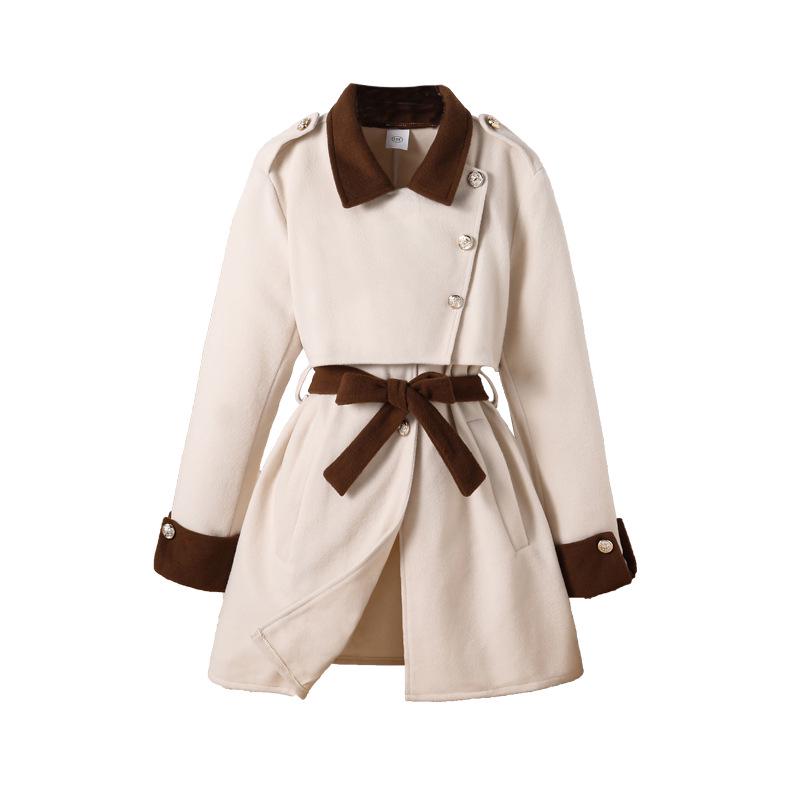 2025 Autumn/Winter Girls' Woolen Coat: Color Block, Single-Breasted, Waist-Cinched, Long-Sleeved for Medium & Large Kids