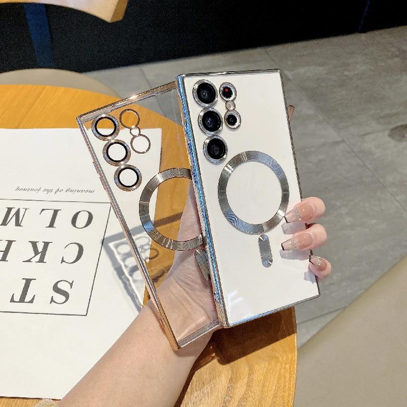 

For Samsung Galaxy S23 Ultra Magnetic Phone Case Soft TPU Electroplating Cover with Lens Film Champagne Gold