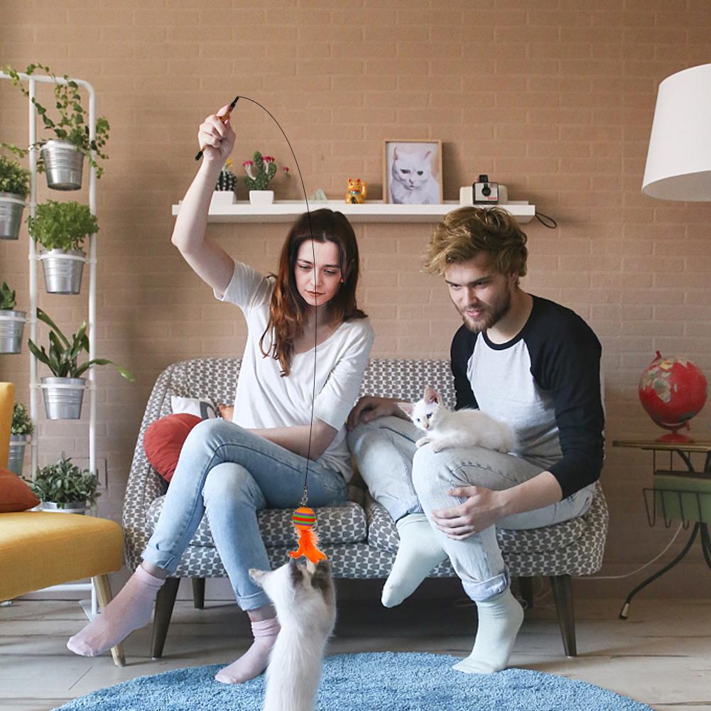 Cat Interactive Toy Funny Feather Ball Teaser Wand Toy with Bell Cat Stick Toy for Kitten Playing Teaser Wand Toy Cat Supplies