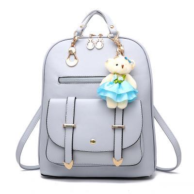 

Backpack Student Leisure New Korean Style Trendy PU Leather College Style Hanging Teddy Bear Bag сірий колір