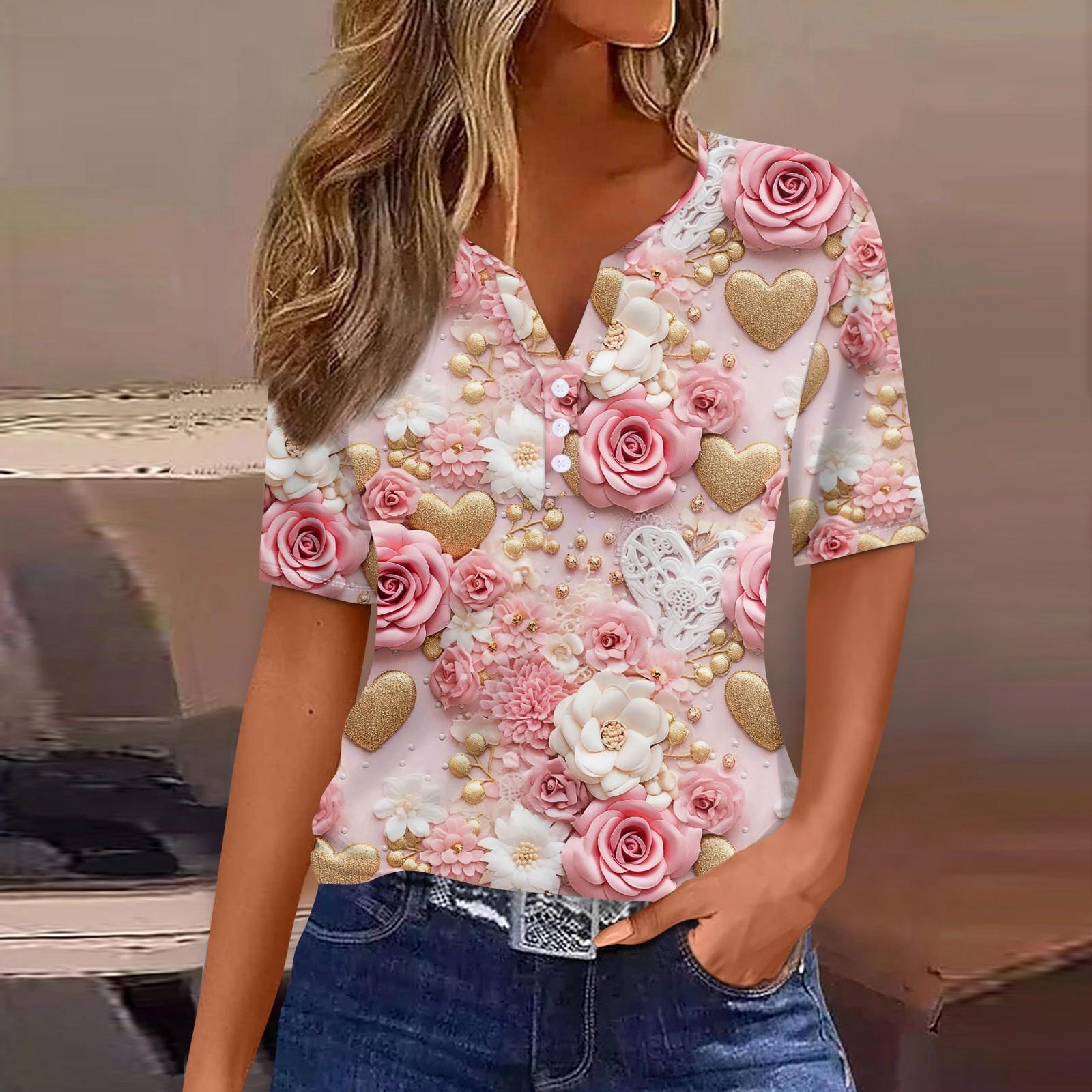

Женская футболка с принтом ко Дню святого Валентина на пуговицах с коротким рукавом, туника, повседневная мода на выходные, базовый топ с V-образным вырезом L
