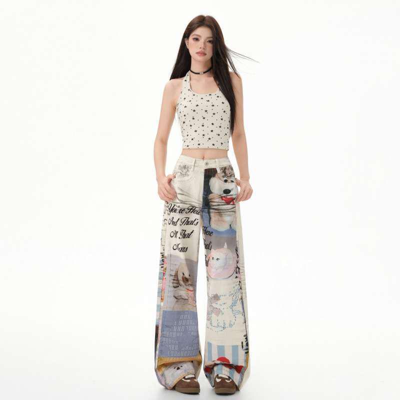 Women s Retro Print Loose Wide-Leg Jeans Medium