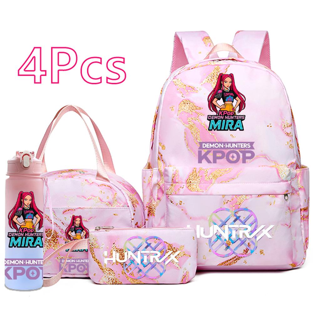 4Pcs/set Cartoon K-Pop Printed Backpack Handbag Pencil Case with 750Ml Water Bottler for Teenager Boy Girl Schoolbag Large Capacity Bookbag Mochila