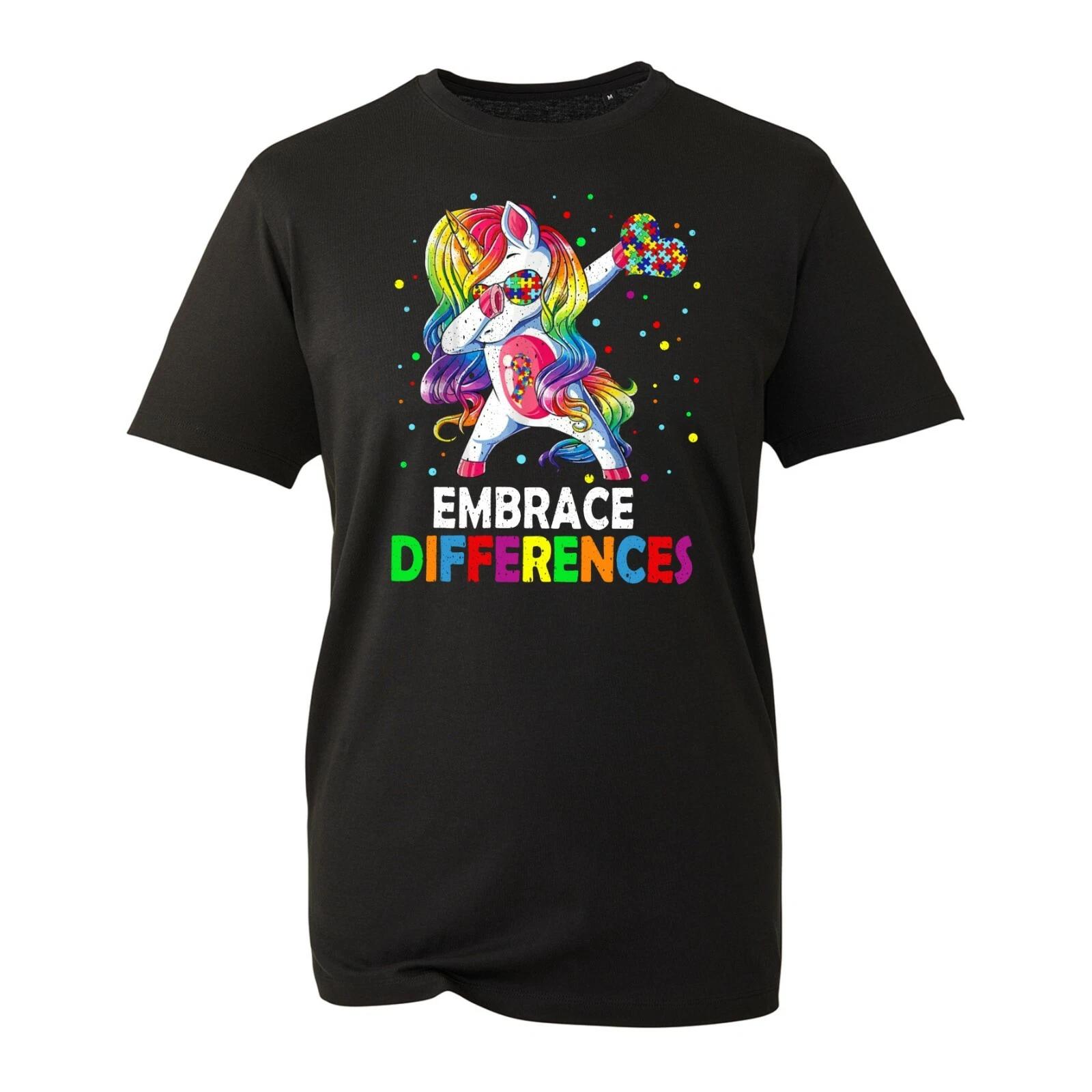 Embrace Differences Unicorn Dabbing T-Shirt, Puzzle Autism Awareness Unisex Top M