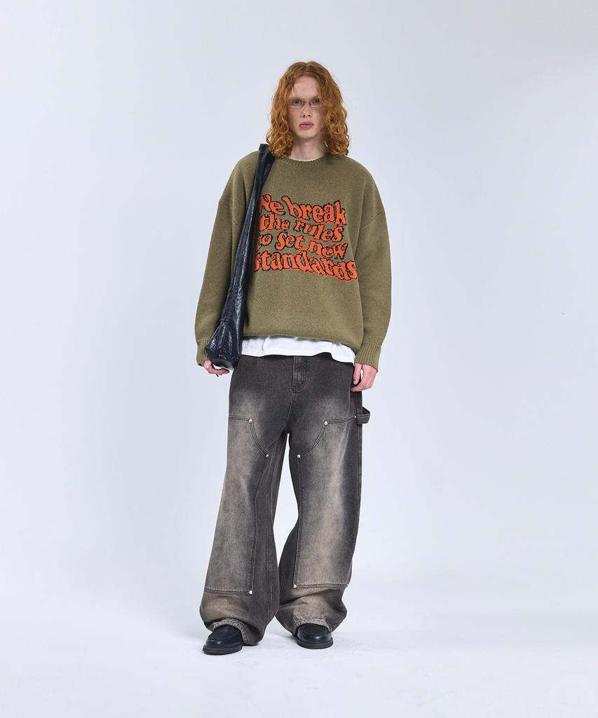 STANDARDERROR 87-Stan191 Art Lettering Oversized Jacquard Knit Khaki