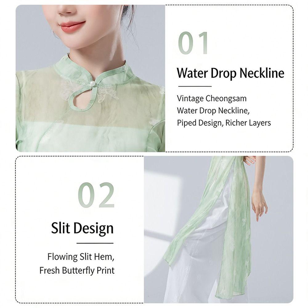 Butterfly Classical Dance Top Cheongsam Neck Dance Mesh Top Fashion Gauze Mesh Shirt  Women